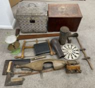 Victorian dome top trunk, wooden box, milk maids yoke (some woodworm), old tools, grill cover etc