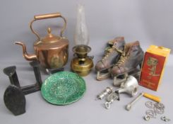 Puckmaster ice skates, Stubburette by Stubbs & Bert label to inner, Spong mincer, oil lamp, copper