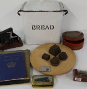 White enamel bread bin, leather collar box, model lorry, 11 x scale weights round and square, 3 x