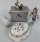 Three Lladro figurines, Squirrel, Dove, Footballer & Royal Crown Derby 