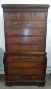 Georgian style mahogany chest on chest with decorative frieze, brushing slide, on bracket feet 104cm