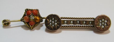 2 bar brooches - tested as 9ct circular ends set with seed pearls (4.4g) & tested as 9ct coral