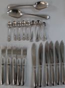 Silver plate fish forks and knives, mustard / salt spoons, sugar tongs, spoons