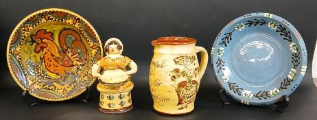 4 pieces of Mary Wondrausch (1923-2016) slipware pottery - 2 plates 21cm / 22cm dia, 