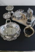 Picquot ware tray with tea set, two silver plate flower vases, silver plate tray, silver plate fruit