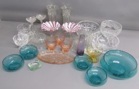Glassware includes green glass fruit bowl and dessert bowls, pink and white striped sundae dishes,