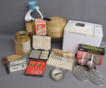 Collection of kitchen items includes stoneware jar, butter pats, Spong 605 mincer, Chinese