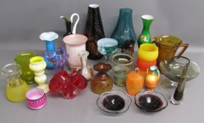 Coloured glassware includes vases, ewers, bulb vase, dishes, celery vase etc