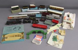 Hornby Dublo Meccano corridor coach, high sided wagon, fish van, 12 ton open goods wagon, goods