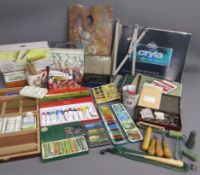 Artist's materials includes paints, Winsor and Newton, Crawford & Black, Rowney, chalks,