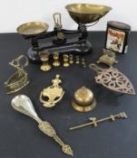 Libra Scale Co scales with bell weights, desk bell, brass door knocker, other brass items and a
