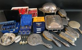 Quantity of silver plate including entree dish, roll top breakfast dish, various cutlery, chamber