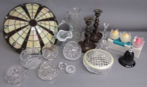 Glassware includes Tiffany style ceiling light, Murano style basket, posy bowls, also Avon