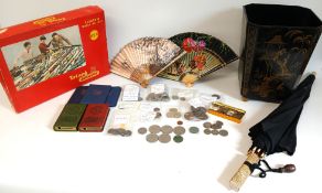 Various coins - mainly GB, Tri-ang railways train set RS4, 2 hand held fans, japanned bin and