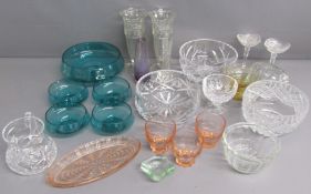 Collection glassware includes coloured fruit set, jelly mould, candlesticks, vases etc