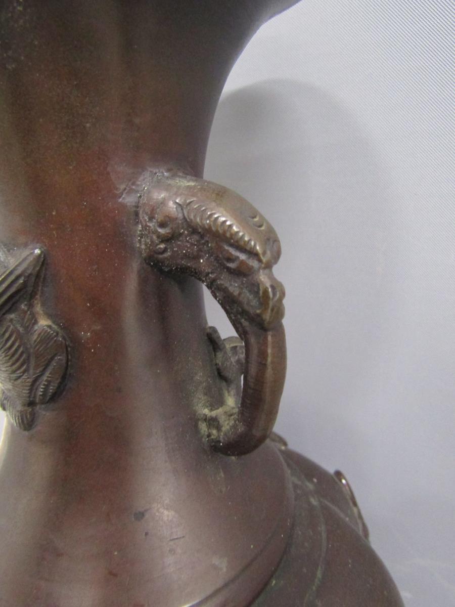 Pair Japanese Meiji period bronze vases decorated with relief decoration of birds and flowers - - Image 3 of 12