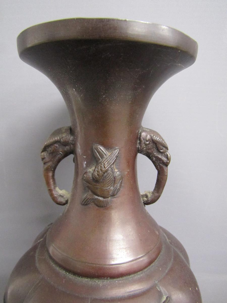 Pair Japanese Meiji period bronze vases decorated with relief decoration of birds and flowers - - Image 2 of 12
