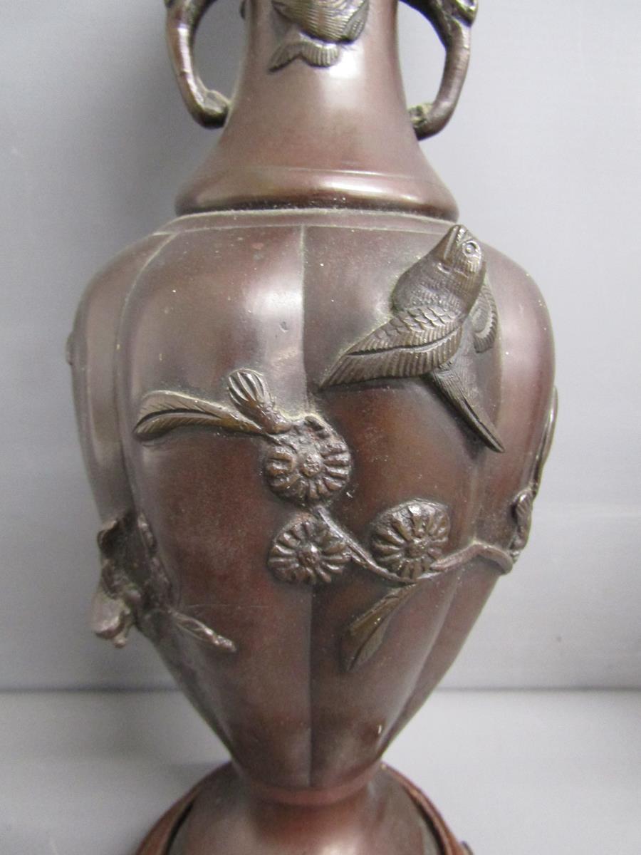Pair Japanese Meiji period bronze vases decorated with relief decoration of birds and flowers - - Image 4 of 12