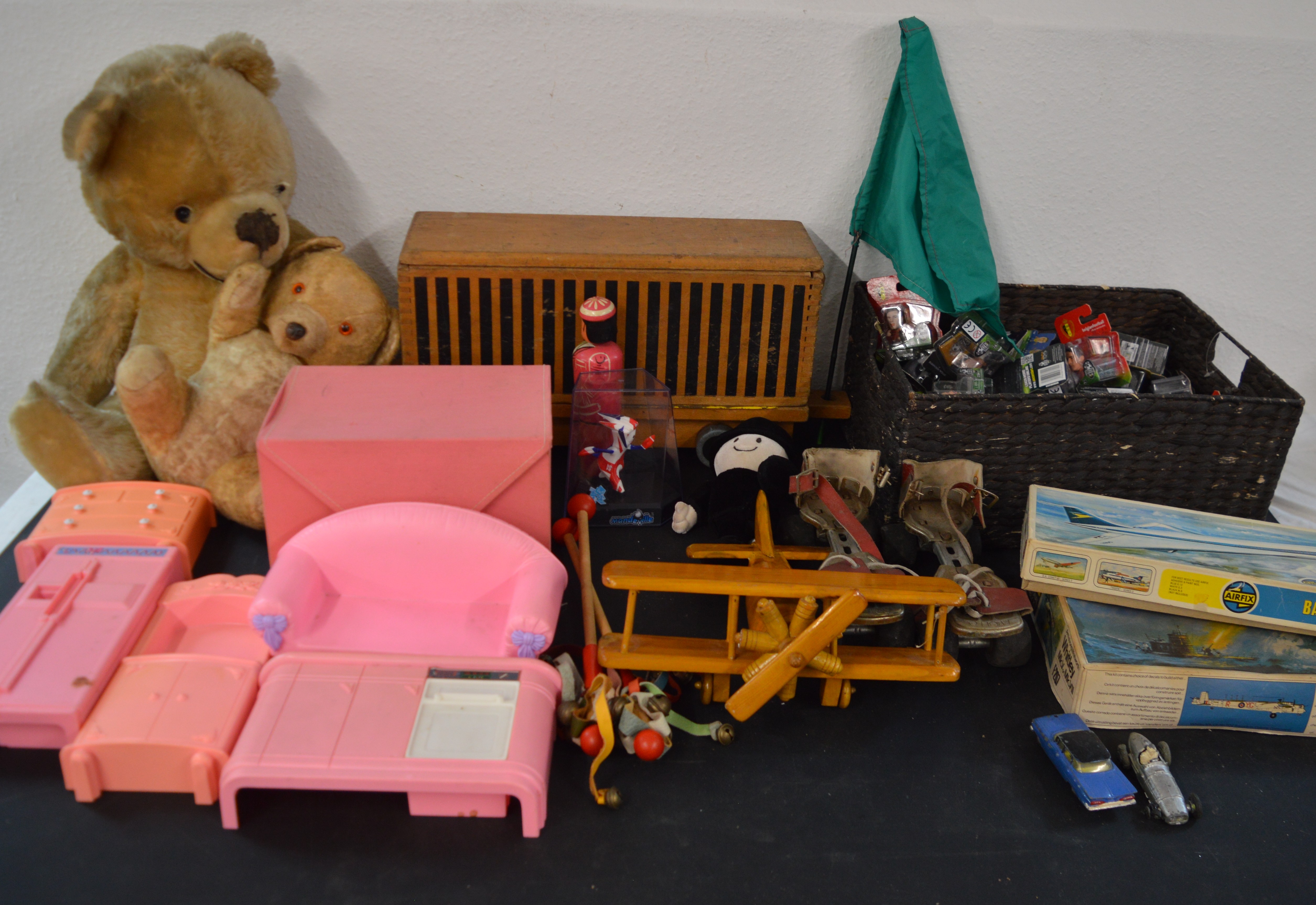 Collection of toys including Airfix, dolls, teddy bears including growler bear, Barbie furniture,