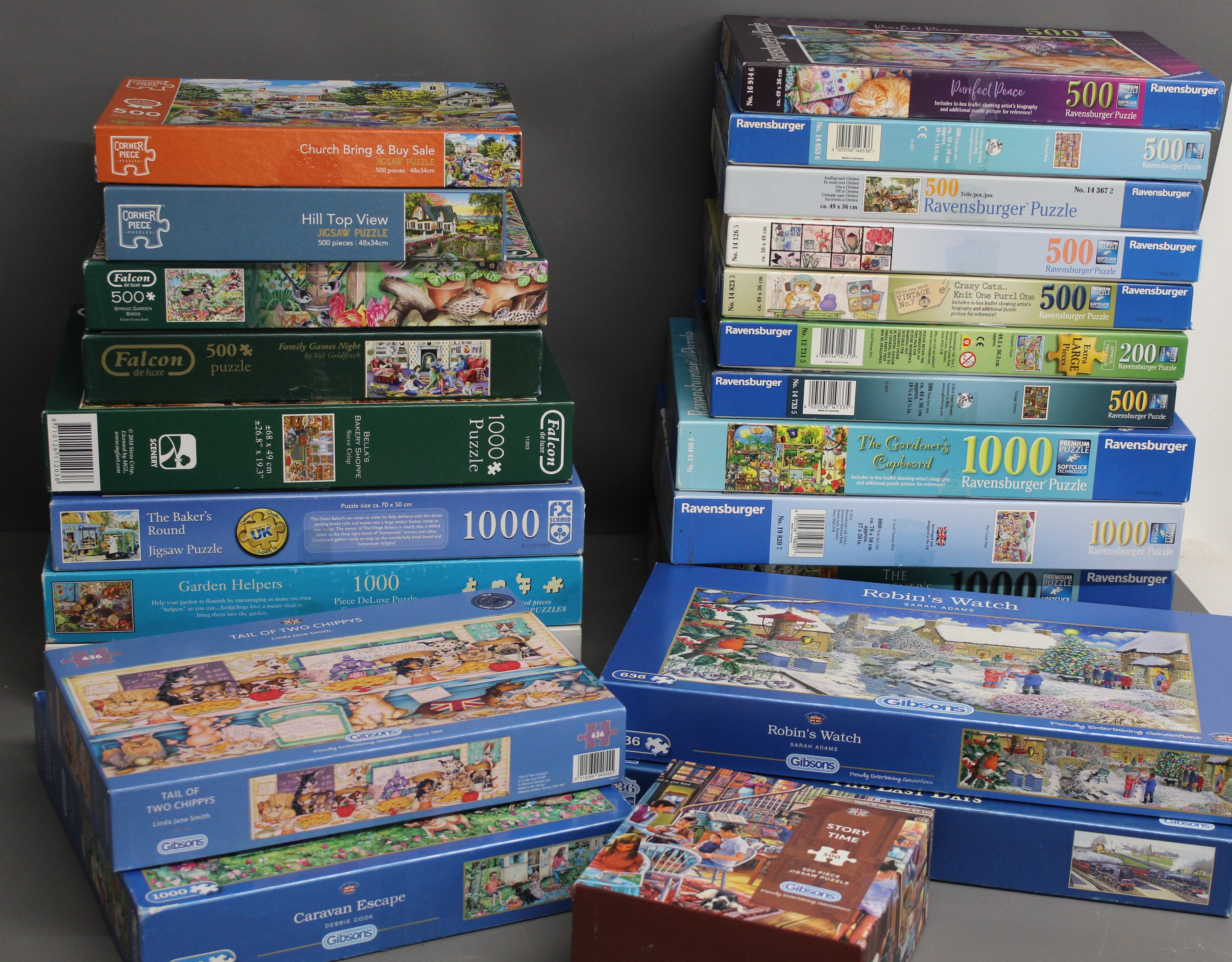24 boxed jigsaws including Falcon, Ravensburger, Schmid, Hop, Corner piece, Gibsons