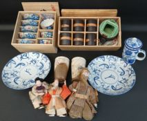 Two boxed 20th century Japanese tea sets, 2 Jingdezhen porcelain plates, 2 Japanese studio pottery