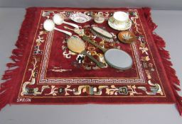 Royal Crown Derby Green Panel teacup and saucer - embroidered dressing table set - enamelled dish