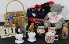 Mixed lot - wicker bottle basket, Australian tourist items, Teddy Bear, perpetual calendar, wooden