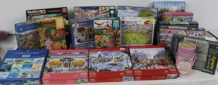 20 boxes of jigsaws, Corner Piece, Gibsons, King, Jigraphy, Falcon, Hop, Wasgij, advised all