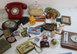 Selection of various items including old telephone, aneroid barometer, glass paperweights etc.