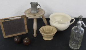 Mixed lot of a small wooden stool 21cm ht, 2 x bowling bowls 75mm, jelly mould, Schweppes soda