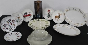 Selection of Christmas plates and Christmas cake stand plus large vase 30cm ht