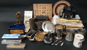 Various collectables including solitaire board, pewter tankards, hip flask, Parker / Sheaffer
