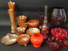 Selection of glassware including Murano red bowl, cranberry glass, Carnival glass, orange cased
