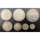Queen Victoria 1887 Golden Jubilee year seven coin set: crown, double florin, florin, half crown,