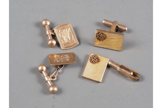 A pair of 9ct gold cufflinks, 10.1g, and a pair of Chinese 14ct gold cufflinks, 9.8g (damaged)