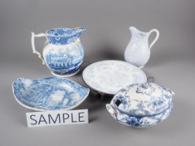 A 19th century blue and white jug, an “Ancient Rome” pattern oval dish, various platters and other