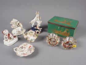 A pair of cut glass salt cellars with inverted painted decoration (chips), a French porcelain and