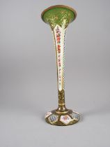 A Bohemian green cameo glass vase with diaper and floral painted panels, 12" high