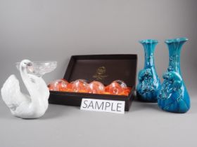 A pair of blue glazed bottle shaped vases decorated mice, boxed glassware, swan vase etc