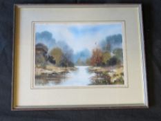 Watercolour by Thomas Moore, river through trees, framed and glazed 53 x 43cm.