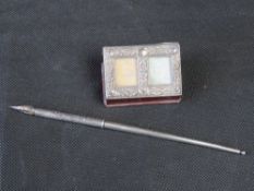 A Sampson Mordan & Co Ltd pen together with a silver and leather stamp box, hinge a/f.