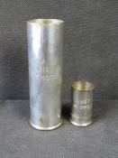 A pair of PH Vogel & Co silver plated shotgun cartridge spirit measures 'Just a Shot' and 'A Big