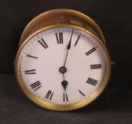 A drum clock with enamelled dial and Roman numerals, blued steel hands,