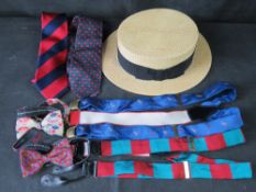 A Straw Boater hat together with two silk ties, two bow ties and two pairs of braces.