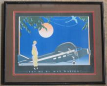 A copy of a 1930s poster 'Fly Me by Mal Watson' in contemporary frame.