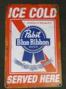 A contemporary Pabst Blue Ribbon beer advertising sign.