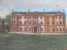 An original painting by H L Heffer of a grand manor, framed.