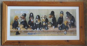 Print; Bryan Moon 'Bobbies' dogs in police uniform, in contemporary pine frame.