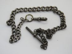 A silver Albert watch chain, rampant lion silver mark throughout chain, total weight 38.