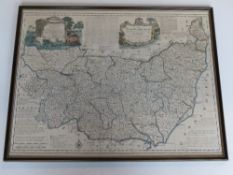 Print; 'The Doncella Map Series Suffolk' from an original map by Eman Bowen in Hogarth style frame,